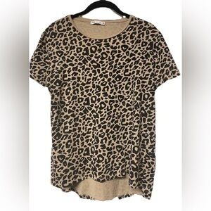 Zara Tan Black Cheetah Leopard Short Sleeve Scoop Neck Loose Top Size S